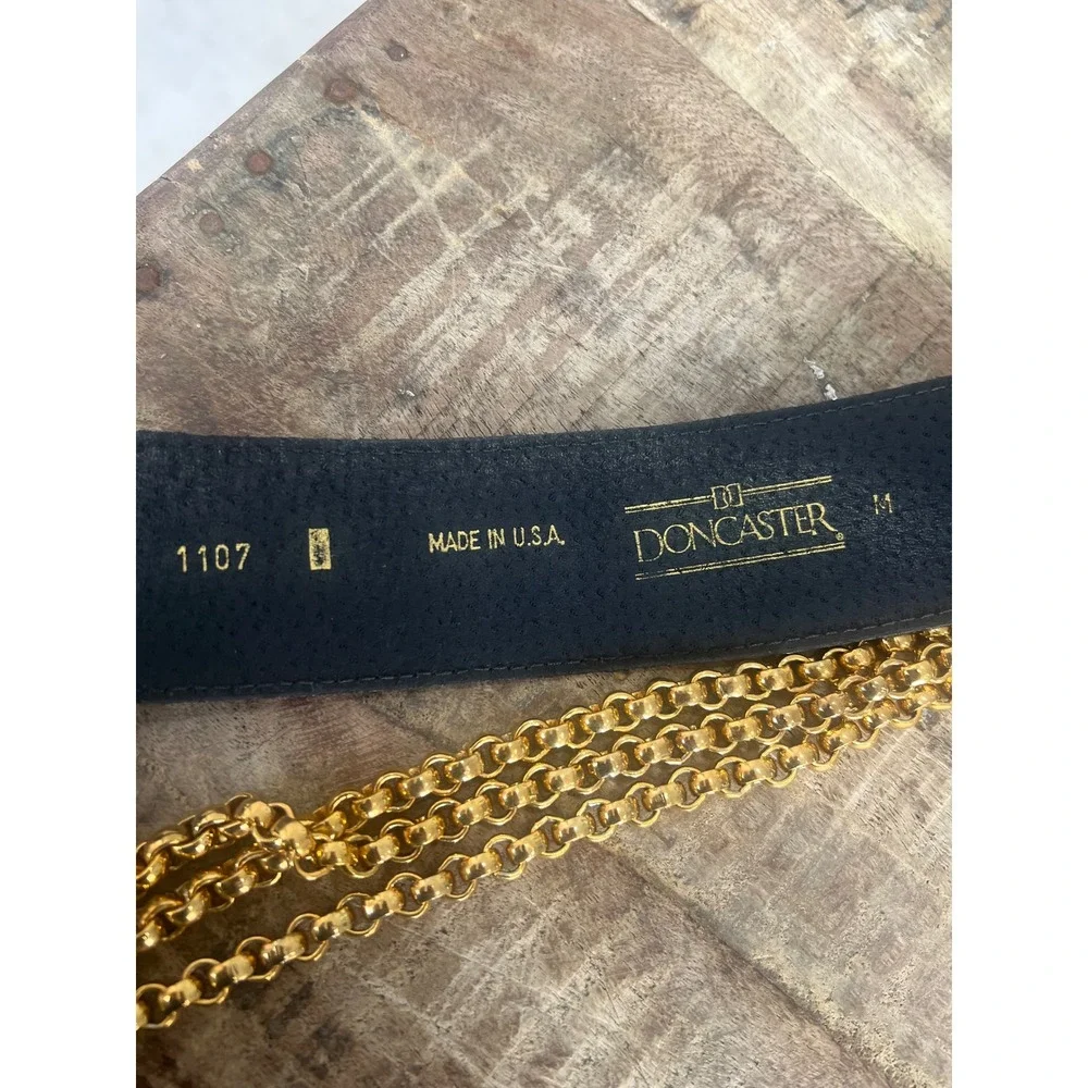 Doncaster Vintage Black Leather Wide Waist Belt Gold Triple Chain Detail USA M